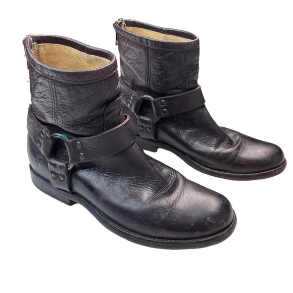 Frye Phillip Harness Distressed Dark Brown Leather Moto Ankle Boots Size 6.5 - Picture 2 of 11